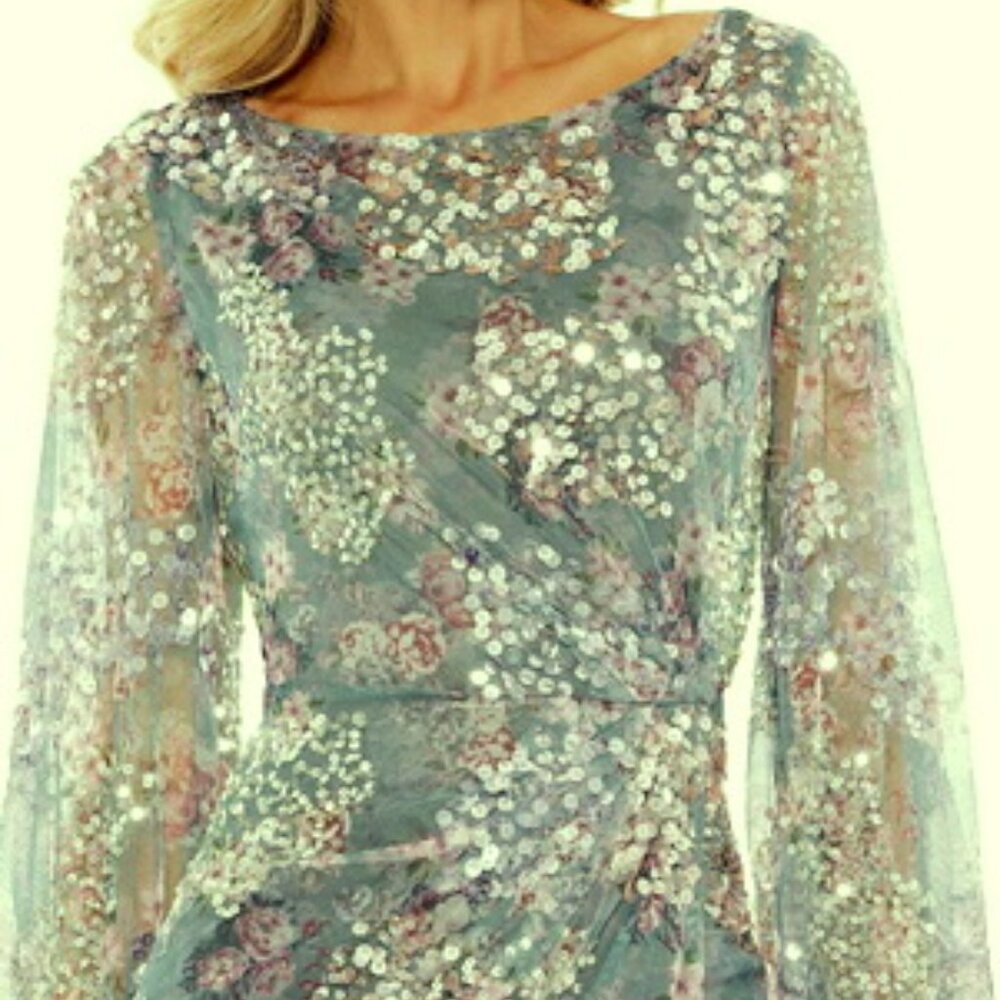 Mac Duggal Green Grey Floral Printed Sequin Formal Slit Gown - Picture 5 of 5